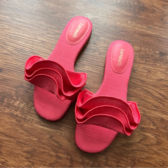 Larroude Ivy flat mule ruffle pink in raffia size 5 - Picture 1 of 12